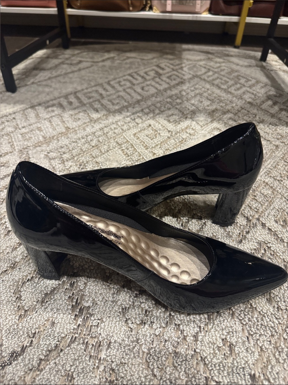 Walking Cradles Black Patent Pointed-Toe Mid Heel Pumps